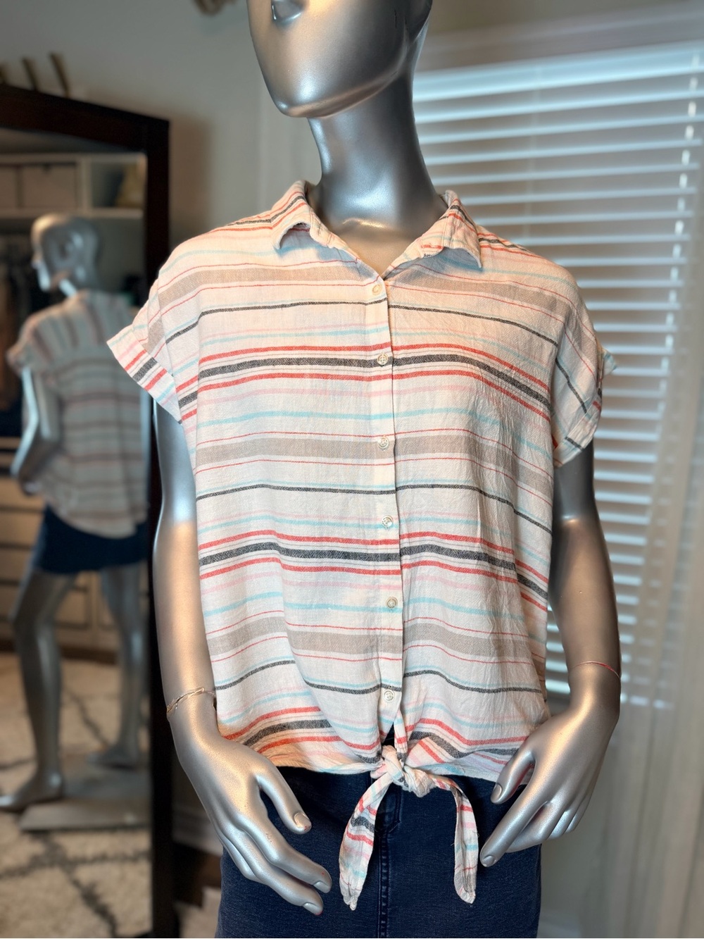 Weatherproof Vintage Large Striped Tie Front Top Linen Blend Button Up Shirt